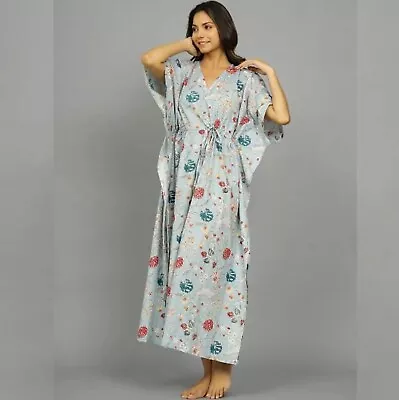 Indian Cotton Grey Floral Print Kaftan Dress Women's Clothing Kaftan Dress AU • $33.75