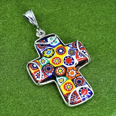 Sterling 925 Silver Cross Pendant With Multi Colored Authentic Murano Glass • $79