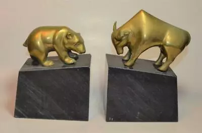 VTG Wall Street Stock Exchange Brass Bull & Bear Figures Black Marble Bookends • $59