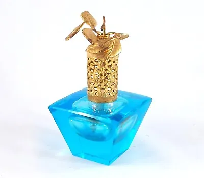 Vintage Blue Glass Scent Bottle With Gold Tone Filigree & Leaves Metal Cap • $19.60