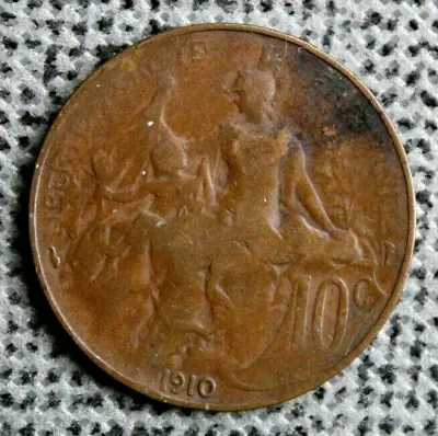 1910 France 10 Centimes Paris Mint Third 3rd Republic Antique Bronze 30mm • £2.49