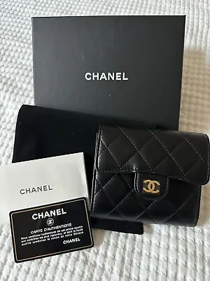 CHANEL Classic Small Flap Wallet Trifold Black Lamb Skin Gold Hardware GHW NEW • $1690