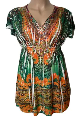 Shoreline Sublimation Midi Dress Green Orange Embellished V-Neck Empire Waist • $22.39