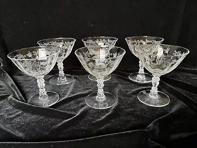 Fostoria Chintz Crystal Etched 4 3/8  Low Champagne  Sherbert Glasses-set 6 • $67.50