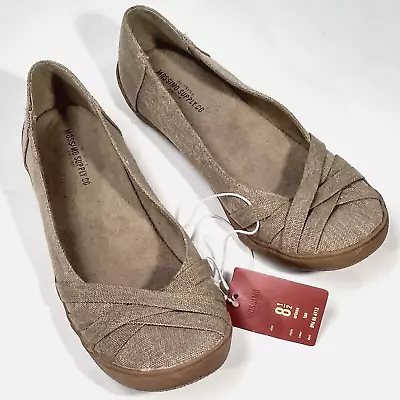 Mossimo Womens Size 8.5 Tan Textile Slip On Ballet Flats Crossed Straps NWT Flaw • $12.95