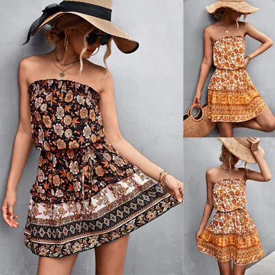 £11.99 • Buy Women Holiday Strapless Mini Dress Summer Beach Floral Print Dress Boho Sundress