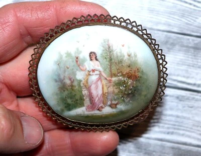 Victorian Lady In Butterfly Garden Hand Painted Porcelain Brooch Pin 2 3/4  Wide • £15.76