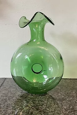 Vintage Emerald Green Bubble Glass Dimpled Vase Ruffle Neck Bottle • $12