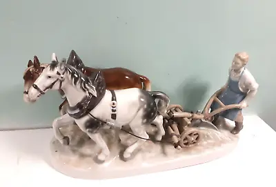 £89 • Buy Vintage Carl Scheidig Horse Drawn Plough Figurine German Porcelain 1970s