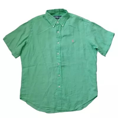 Vtg Ralph Lauren Mens Shirt L Green Classic Fit Linen Short Sleeve Button Down • $22.95