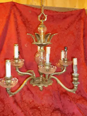 Ornate Vintage Spanish  Heavy Brass And Crystal Chandelier 8 Arms Project • $195