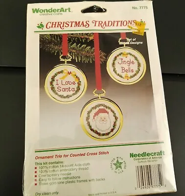Vintage WonderArt Counted Cross Stitch Kit Christmas Ornaments Trio 7775 NOS • $9.10
