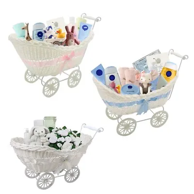 Newborn Boy & Girl Baby Shower Party Gifts Basket Hamper Small Wicker Stroller • £11.98