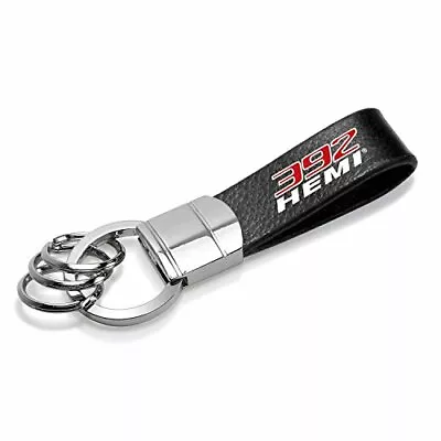 HEMI 392 Black Real Leather Stripe Chrome Round Hook Metal Key Chain • $20.99