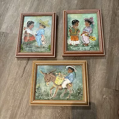 VTG Mexican  Folk Art Painting Colorful Children Framed & Signed Set Of 3 • $49.99