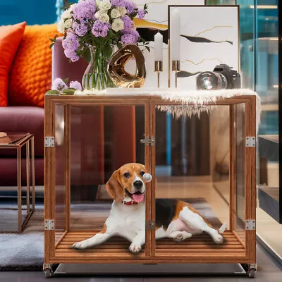 Tempered Glass Dog Crates Cage Aluminum Frame End Table Stroge Shelf On Wheels • £239.91