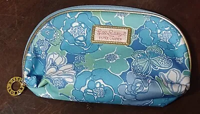 Lilly Pulitzer Estee Lauder Makeup Cosmetic Bag Pouch Blue Floral Zip Pink Liner • $13.99