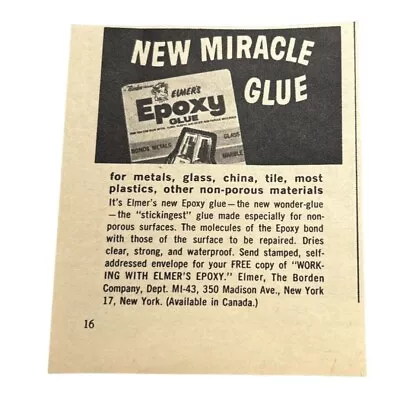 Elmers Epoxy Glue Vintage 1963 Print Ad Miracle Stickingest Original Ad • $8.95