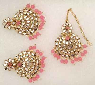 New Bridal Maang Tikka Earrings Set Bollywood Kundan CZ Gold Tone Indian Jewelry • $23.64