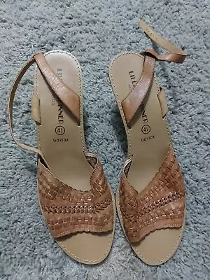 Lilley And Skinner Size 7 Sandals Cork Heels Tan Leather Peep Toes Ankle Strap • £5.50