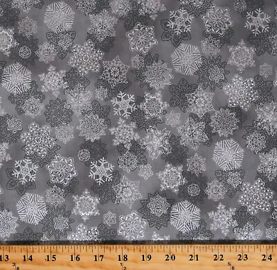 Cotton Snowflakes Silver Metallic On Gray Christmas Fabric Print BTY D407.24 • $14.95
