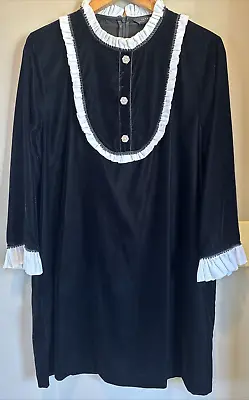 ZARA Women's Black Velvet Dress With White Ruffle Trim And Sequin Buttons-L • $18