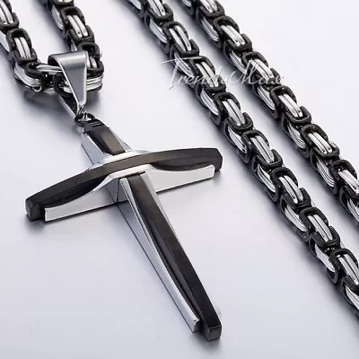 18-30  Men Boys Black Stainless Steel Cross Pendant Necklace Byzantine Box Chain • $8.54