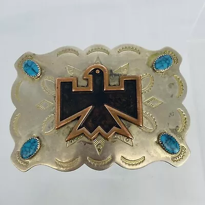 Bell Nickel Silver Faux Turquoise Native Thunderbird Belt Buckle VINTAGE 66.4 G • $24.95