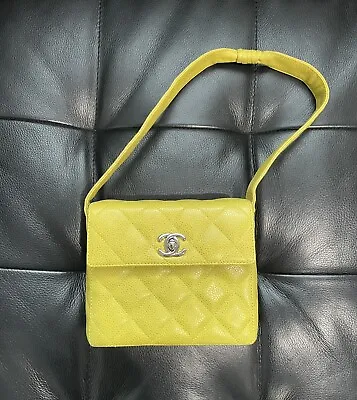 Chanel Vintage Chartreuse Green Caviar Leather Mini Shoulder Bag / Clutch • $2550