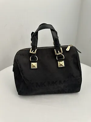 Michael Kors Grayson Monogram Black Fabric Canvas Leather Trim Satchel Handbag • $59.99