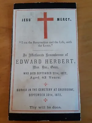 1872 In Memoriam Card - EDWARD HERBERT Organist Sherborne Abbey Dorset Mourning • £9.50