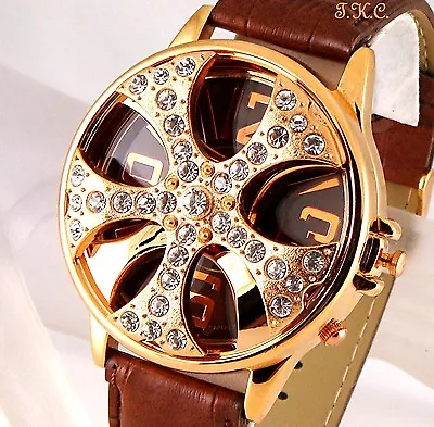 Gents Ladies Unisex Brown Leather Rapper Gold Spin Ice Pimp Bling Crystal Watch • £24.99