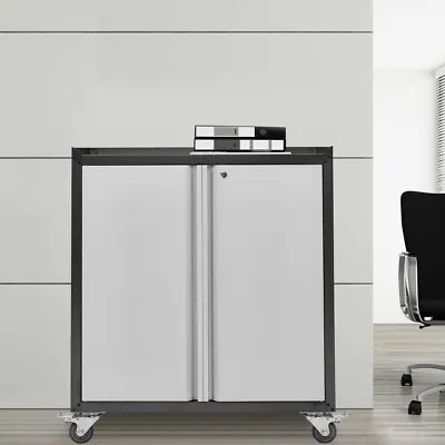 Metal Storage Cabinet 2-Door Lockable Bookcase Office Filing Cabinet W/Wheels • £99.95