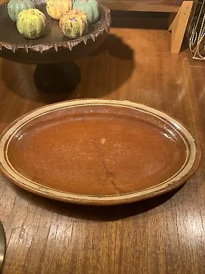 Oval Primitive Brown Pottery Platter~Creme Band~Southwest~11”~Mexico • $22.04