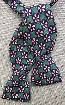 R Hanauer Silk Bow Tie Green Purple Floral Self Tie Handmade USA 2 3/8  • $24