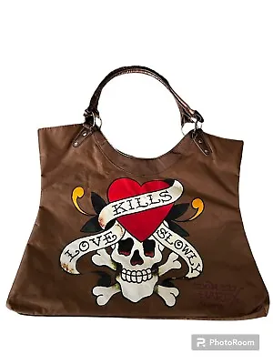 Ed Hardy  Love Kills Slowly  Large Brown Vinyl Tote Bag Great Condition • $20