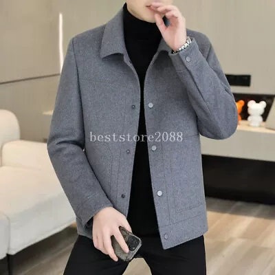 Men's Peacoat Trench Coat Woolen Jacket Lapel Short Outwear Single Breasted Warm • $123.19