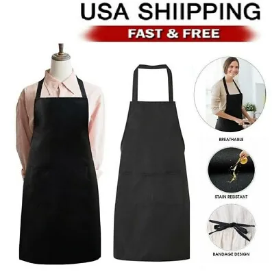 $7.81 • Buy Waterproof Chef Apron Black Catering Cooking Kitchen Butcher With 2 Pocket USA