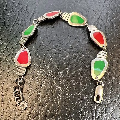 Signed A.H.D. Mexico Sterling Silver Red & Green Enamel Light Bulb Link Bracelet • $34.99