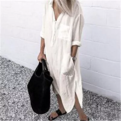 $29.82 • Buy Womens Cotton Linen Solid Shirt Dress Ladies Summer Boho Plain Casual Dresses