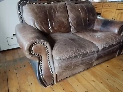 £250 • Buy Distressed Aged Leather Hide  3 Piece Suite With Studded Detail
