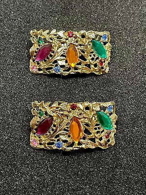 Vintage Costume Jewelry Musi Shoe Clips Gold Tone Colorful Rhinestones • $24.99