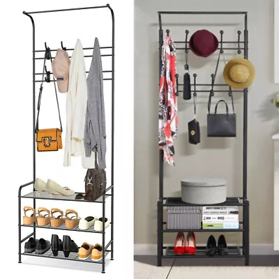 £28.90 • Buy 3 Tier Storage Shelves Metal Coat Rack Shoe Bench 3in1 Hall Tree With 16 Hooks 