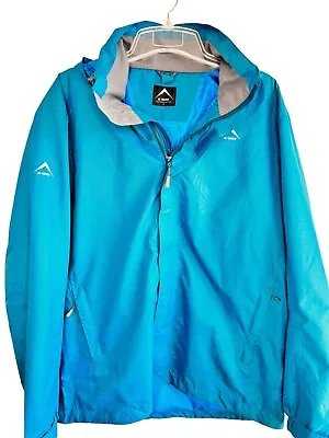 K-Way Hooded Windbreaker Rain Coat Jacket Large Teal Blue Pockets Waterproof EUC • $35.95