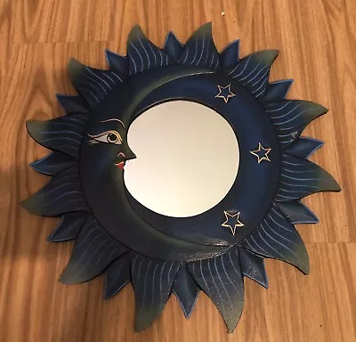 NEW MOON MIRROR 16 ” Hand Carved  BLUE VTG • $10