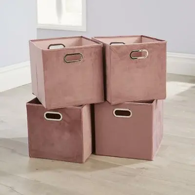 Folding Flat Velvet Blush Square Storage Utility Box Fabric Cube 4pc Basket Set • £24.99