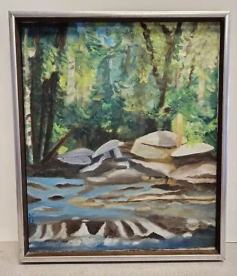 Vintage 1970s Retro FOREST ROCKS RIVER Oil Painting On Canvas FRAMED Signed KH • $35