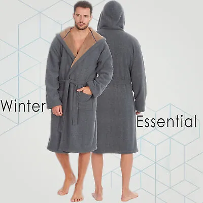 Mens Winter Robe M L XL XXL Full Sherpa Fleece Lined Hooded Dressing Gown Grey • £22.99