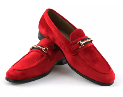 Men's RED Velvet Slip On Gold Buckle Dress Shoes Loafers Formal By AZARMAN • $79