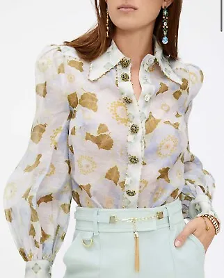 Zimmermann Tempo Mint Green Cornflower Floral Crystal Blouse Shirt Top  0p New • $575